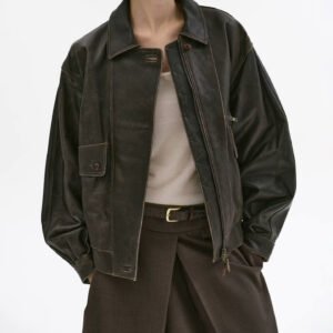 American Retro Asymmetric Colored Leather Distressed Casual Polo Collar Short PU Leather Jacket