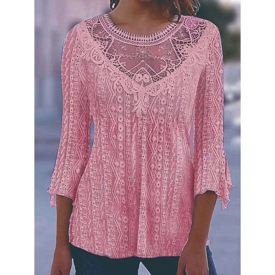 2023 Summer New Comfortable Leisure Hollow Out Perspective Lace Splicing Seven Quarter Sleeve Top - Image 7