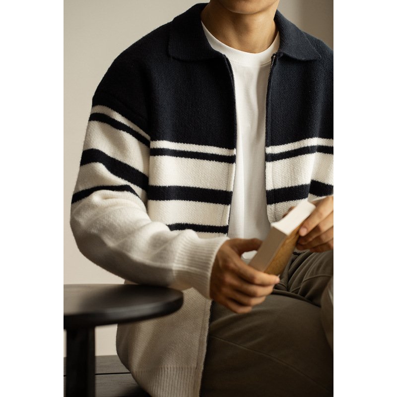 Young Contrast Color Striped Lapel Sweater Men's Casual Zipper - Image 2
