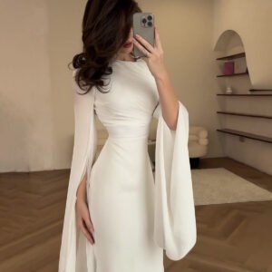 Elegant Summer Sleeve Contrast Chiffon & Satin Maxi Dress With Flared Cuffs - Slim Fit Long Dress For Women