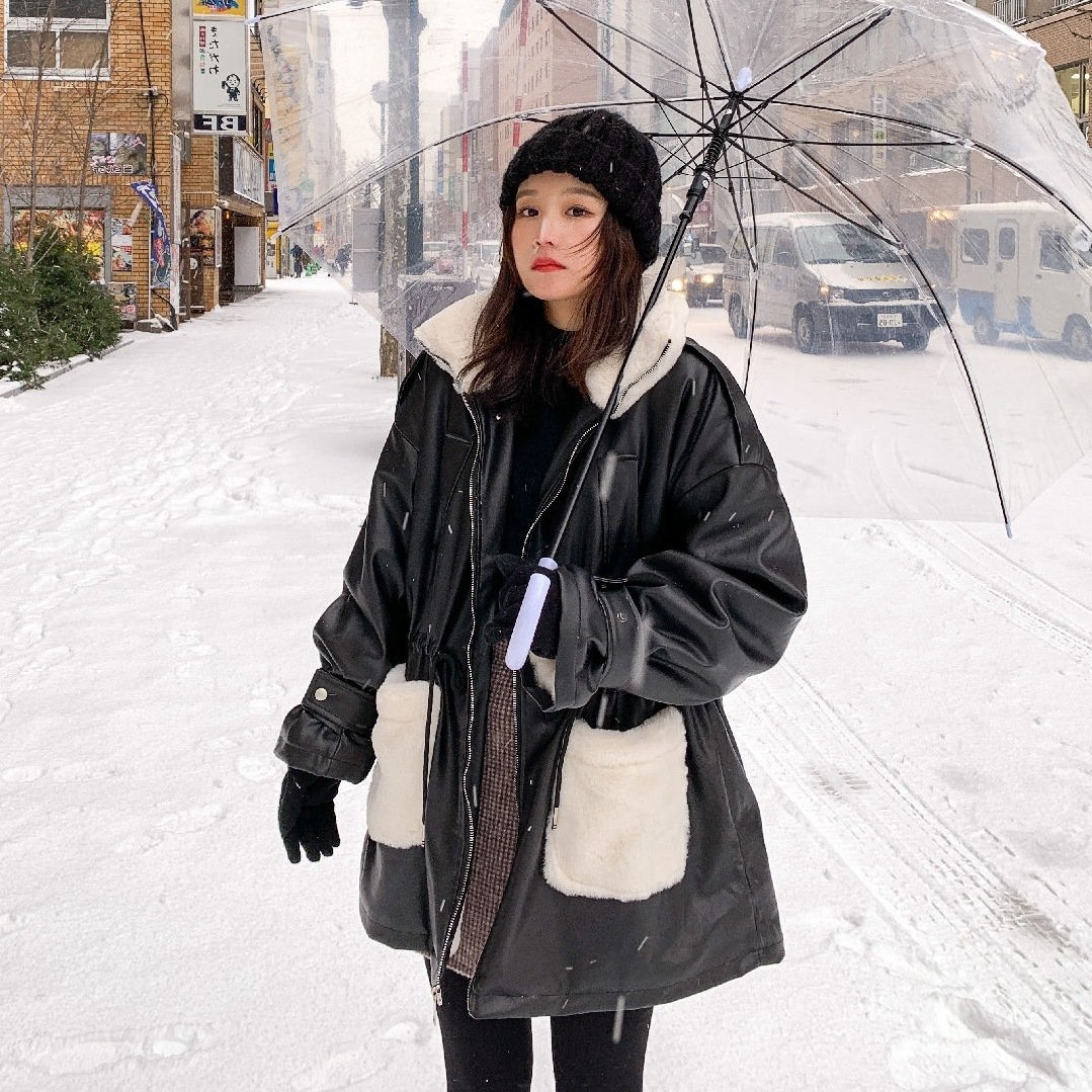 Women's Waist Thickening Lining Stitching Pu Leather Coat Jacket - Image 3