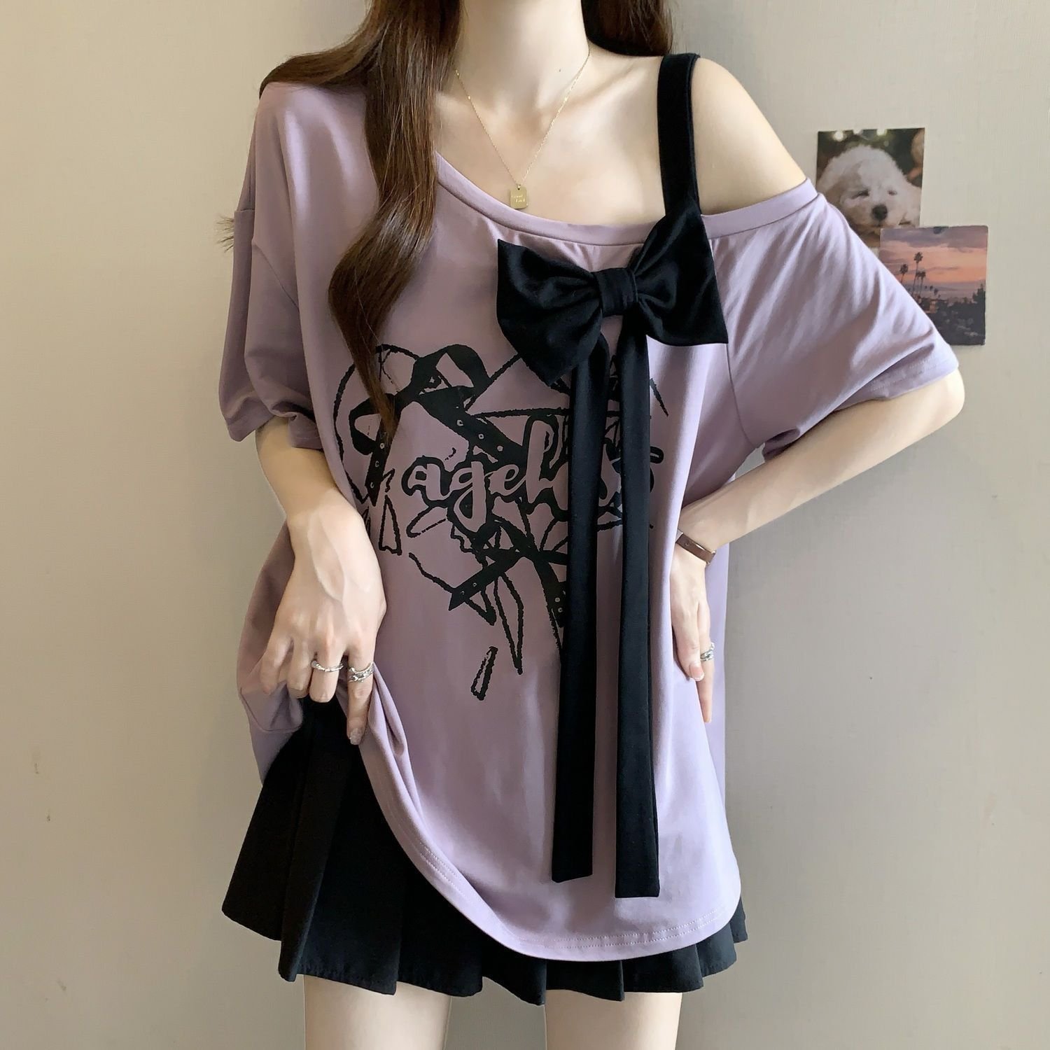 Large Size Three-dimensional Bow Off-the-shoulder Short Sleeve Summer New Loose - Image 3