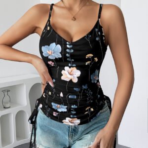 Colored Three-dimensional Floral Spaghetti Strap Pleated Top