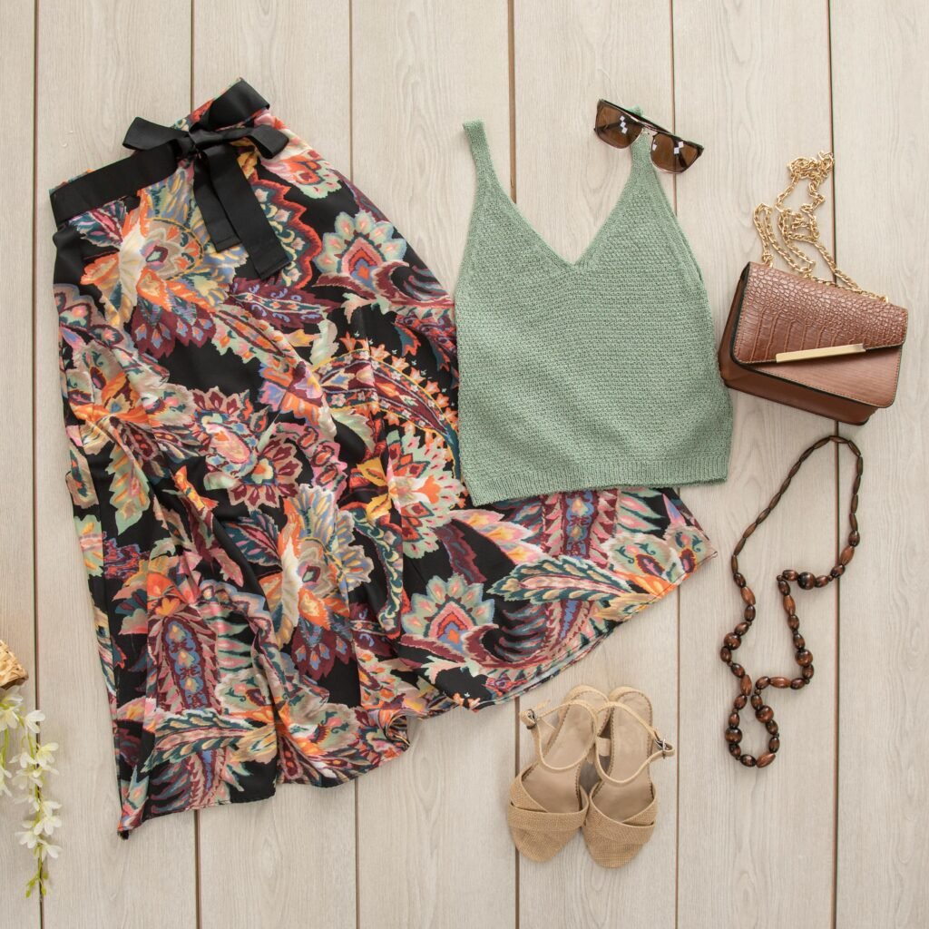Flat lay of trendy summer outfit with accessories on wooden background.