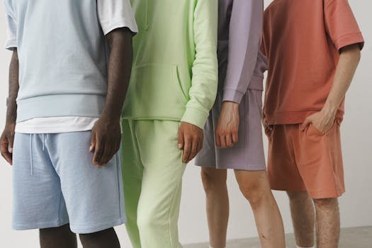 A close-up image showcasing a variety of pastel-colored men's fashion sweatshirts and shorts.